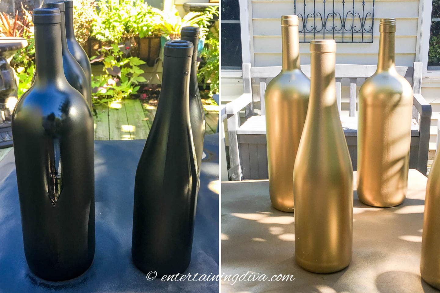 black spray painted wine bottles and gold spray painted wine bottles