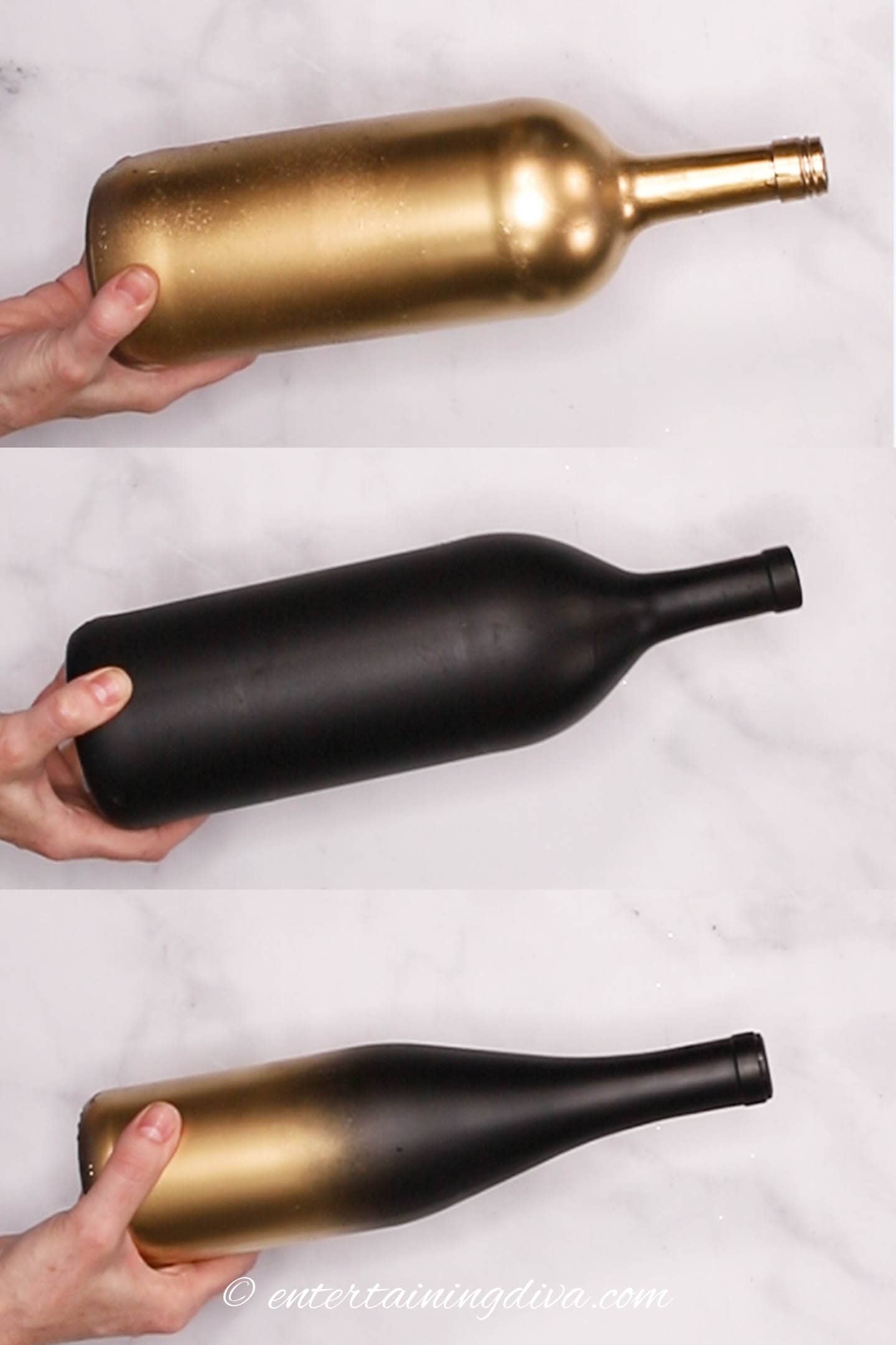 wine bottles spray painted gold and black