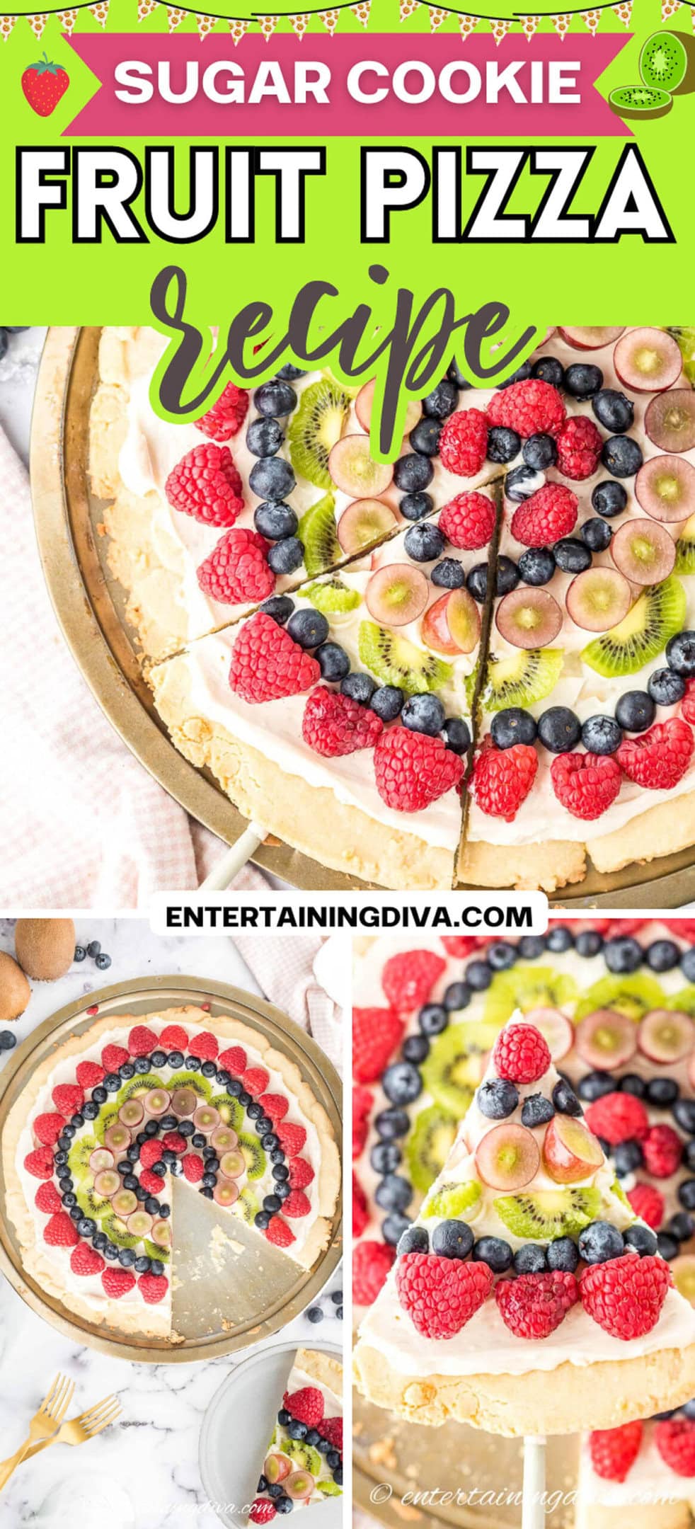 A slice of fruit pizza being removed from the rest of the pan