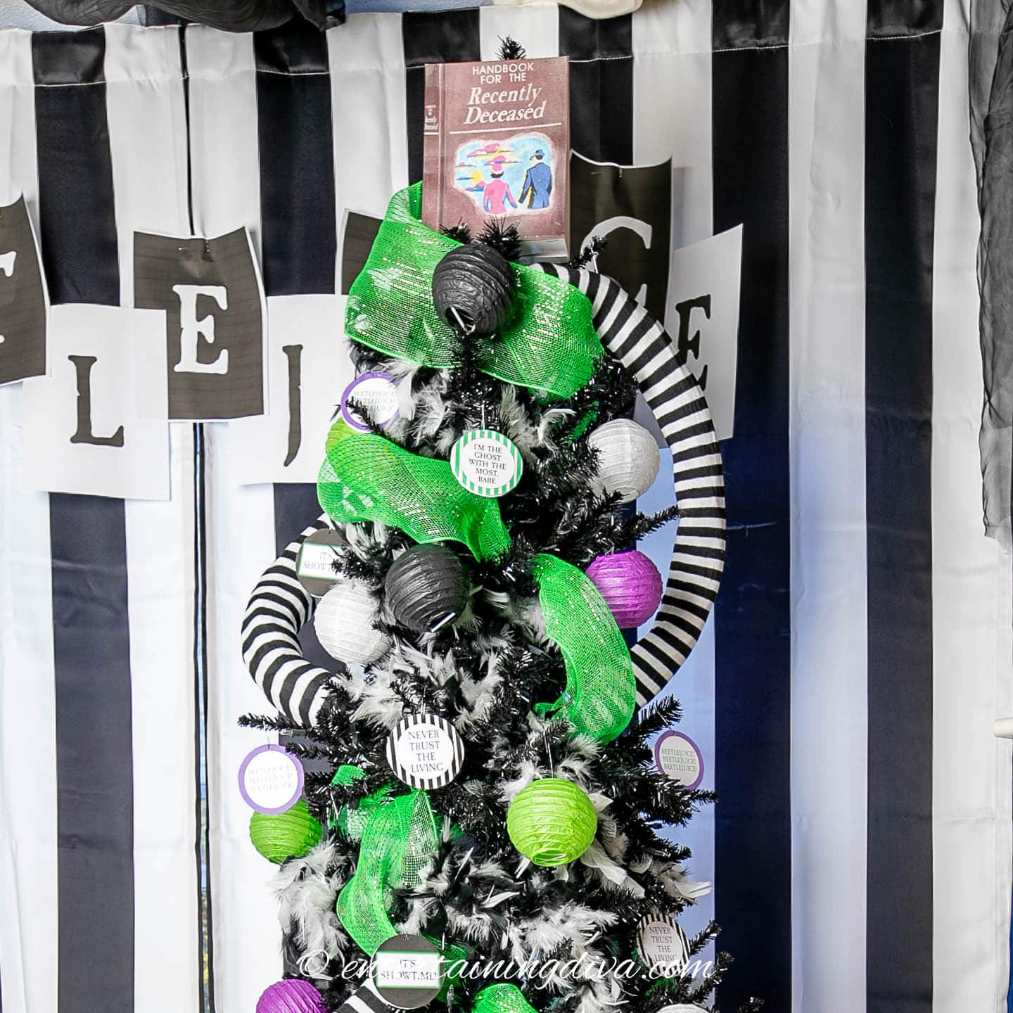 The top of a Beetlejuice Halloween tree