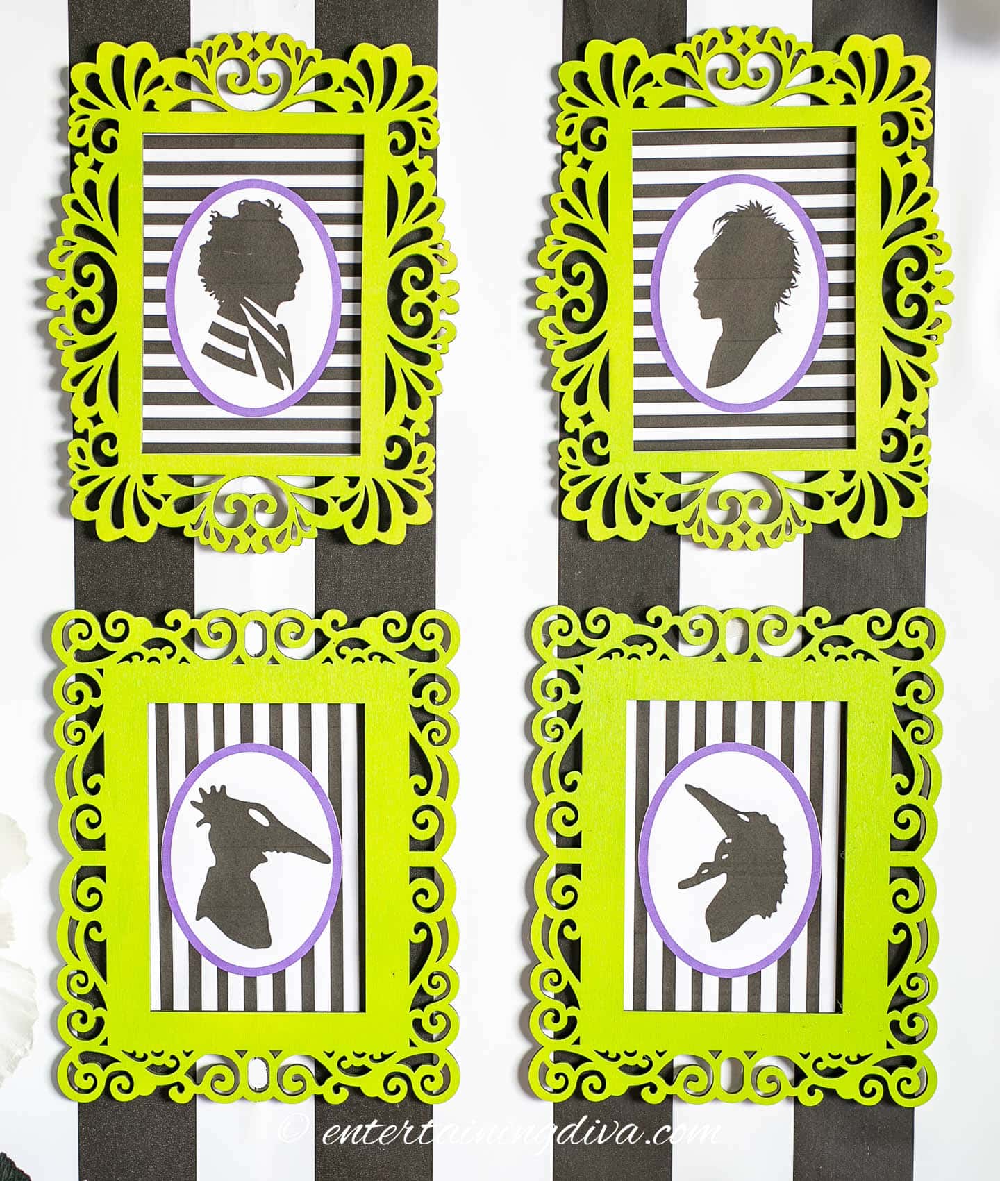 DIY Beetlejuice silhouette pictures in lime green frames