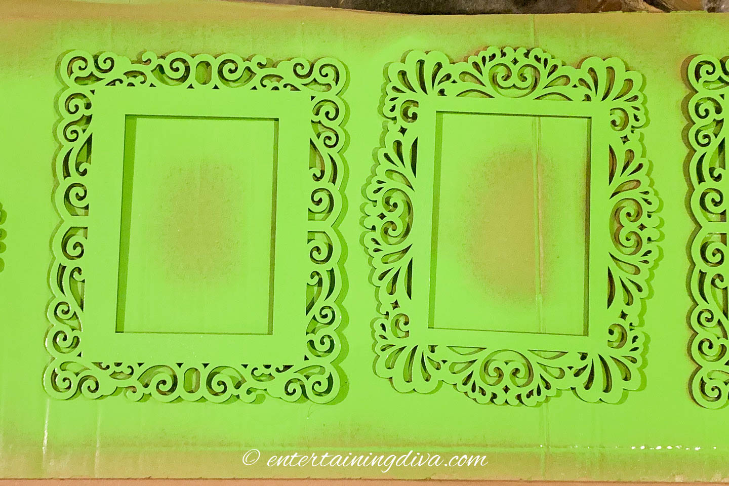 Wood frames painted with lime green spray paint