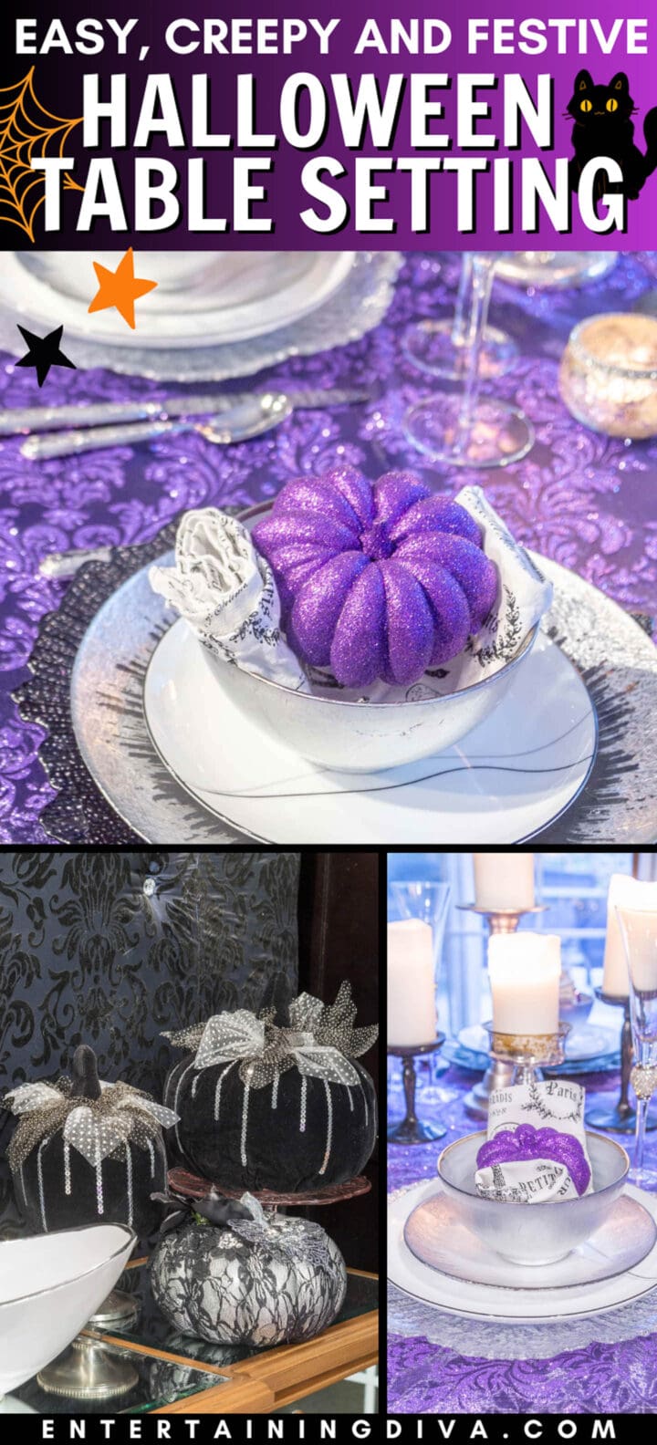 Elegant Purple, Black And Silver Halloween (Or Fall) Tablescape