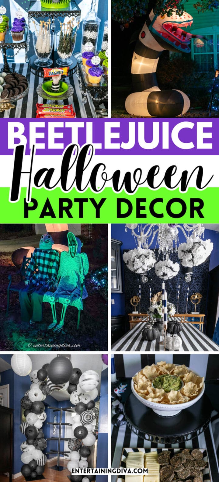 Beetlejuice-themed Halloween party decor.