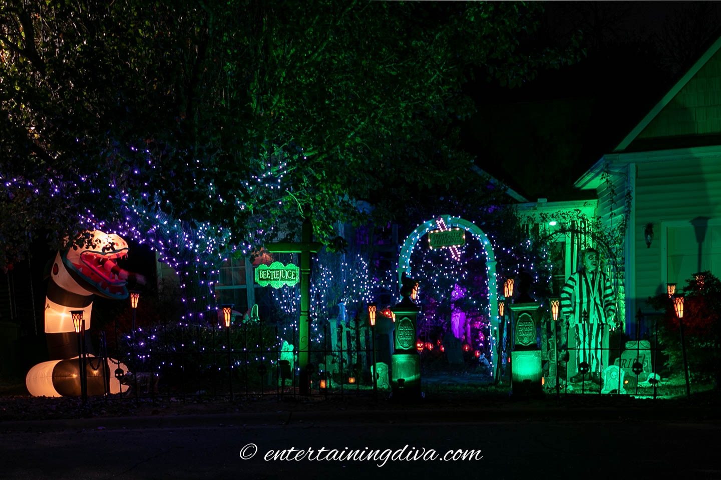 A yard decorated for a Beetlejuice Halloween party with green and purple lights.