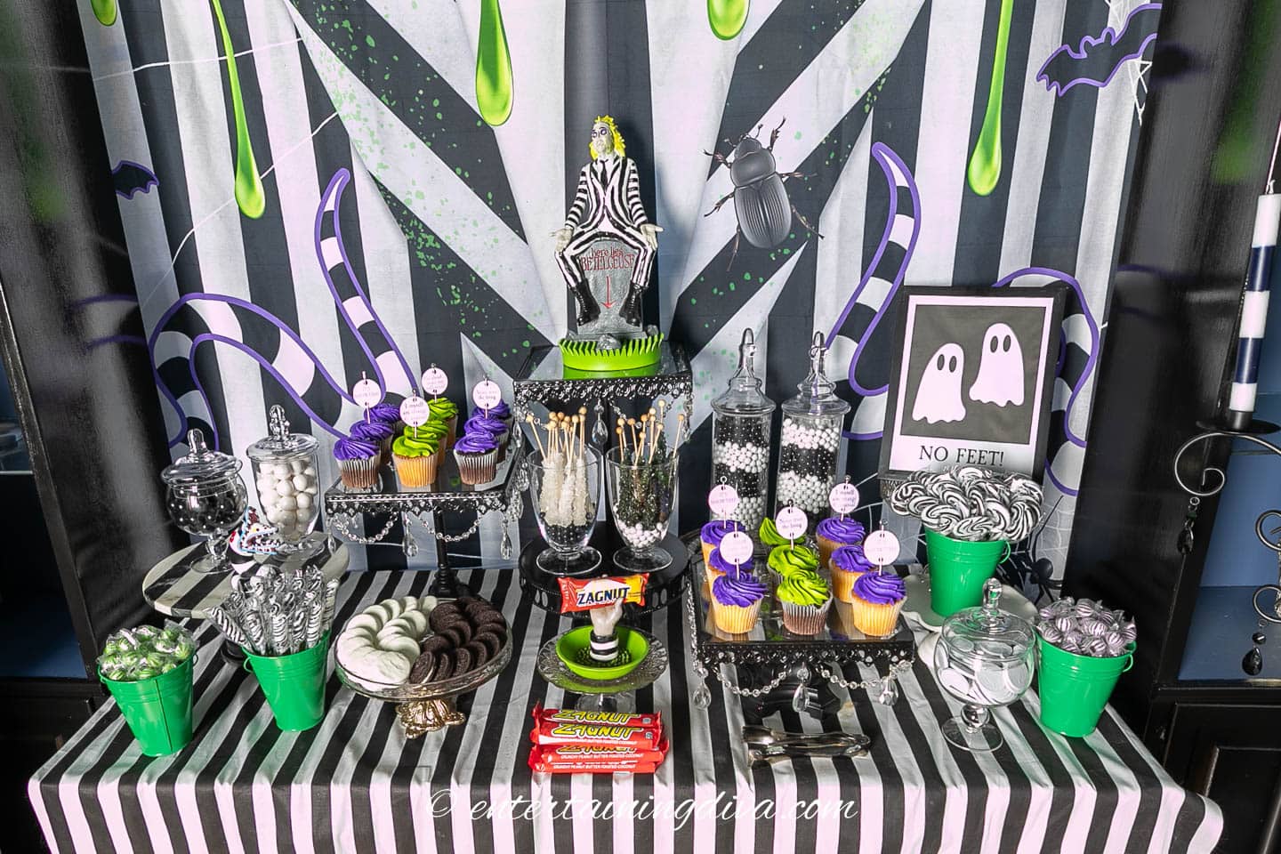 A candy buffet at a Beetlejuice themed Halloween party