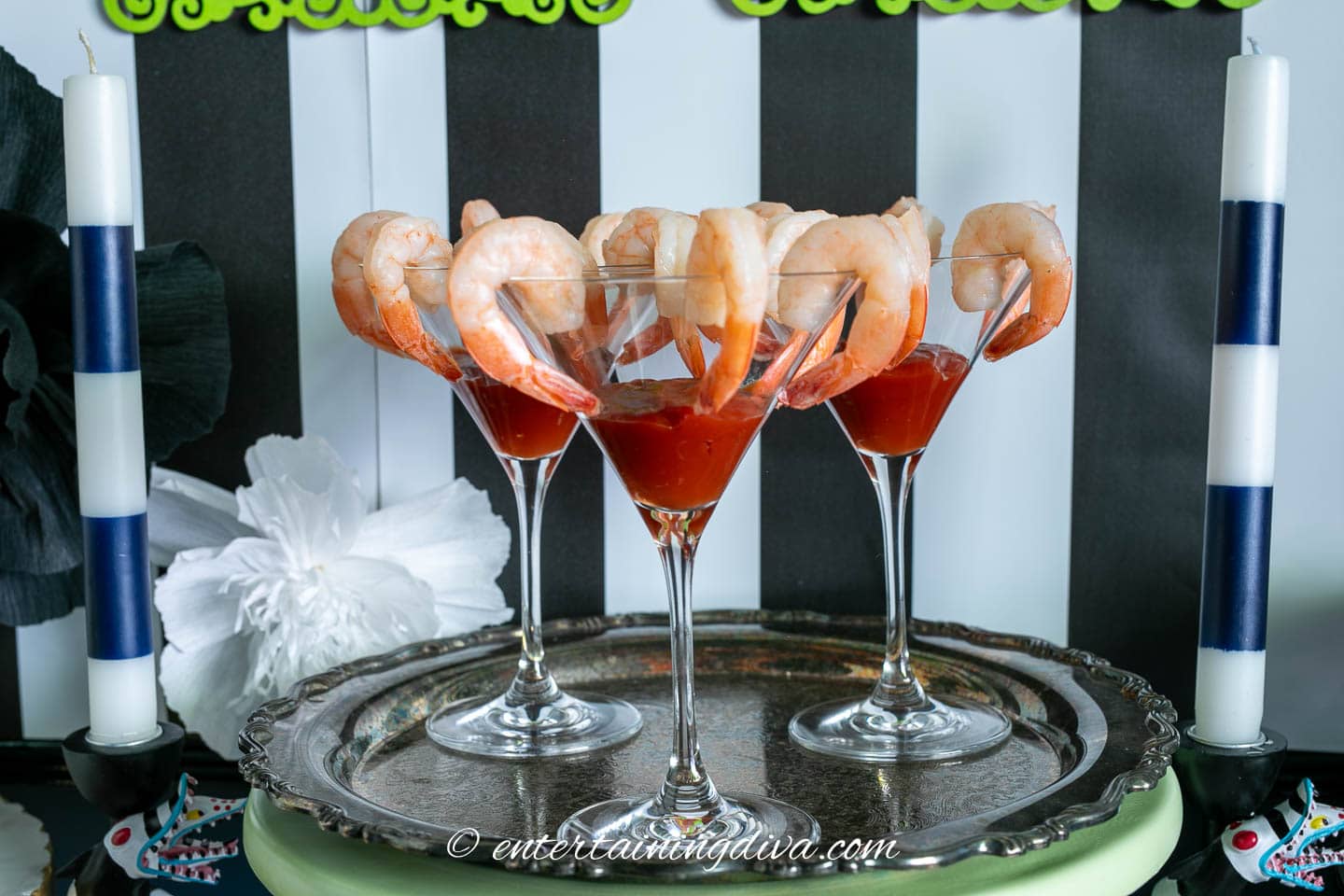 Shrimp cocktail on a tray at a Beetlejuice party