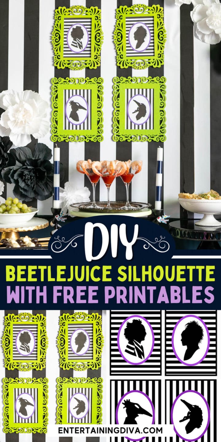 DIY Beetlejuice silhouette with free printables featuring pictures.