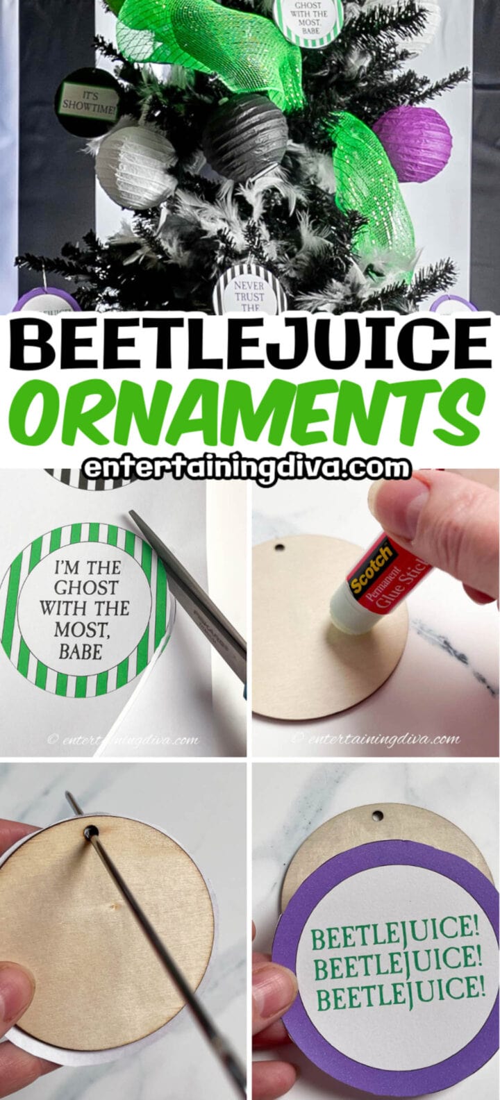 DIY Beetlejuice tree ornaments tutorial.