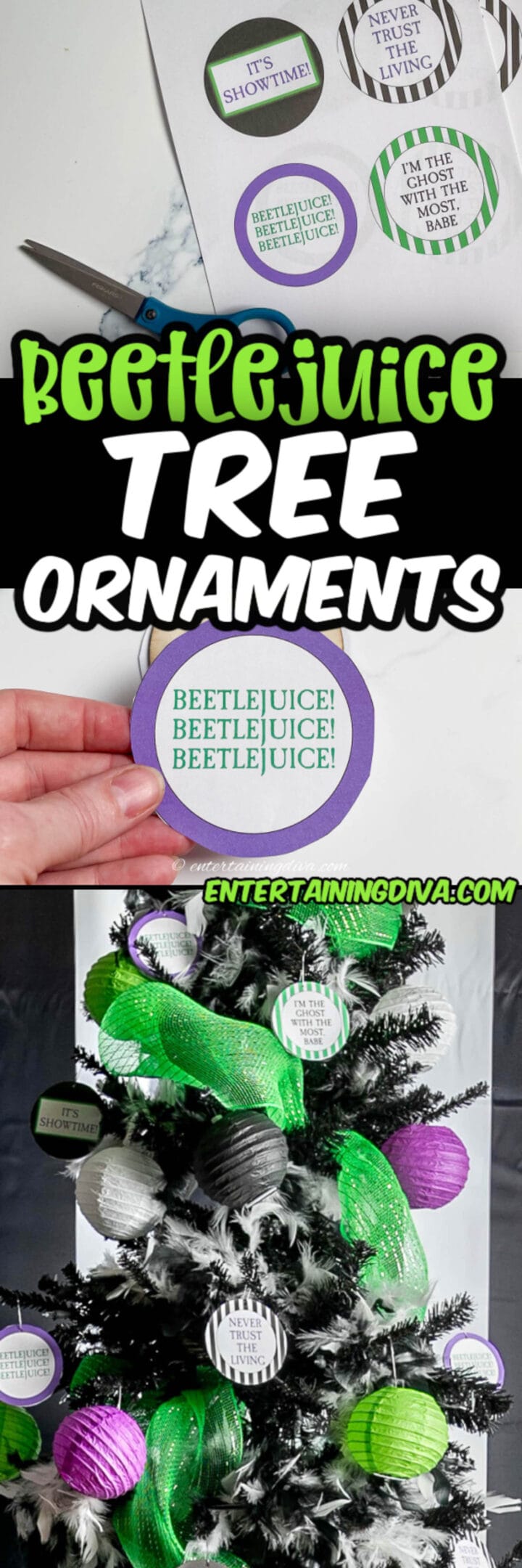 DIY Beetlejuice tree ornaments featuring a picture of a tree ornament with the words refferee juice.