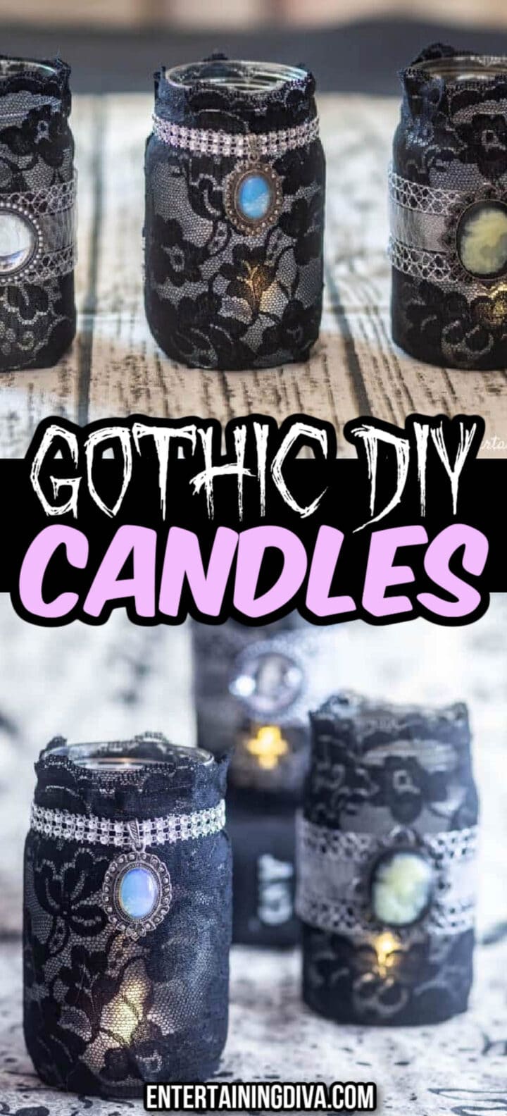 Gothic lace DIY candles inspired by Halloween, crafted with mason jar candle holders.