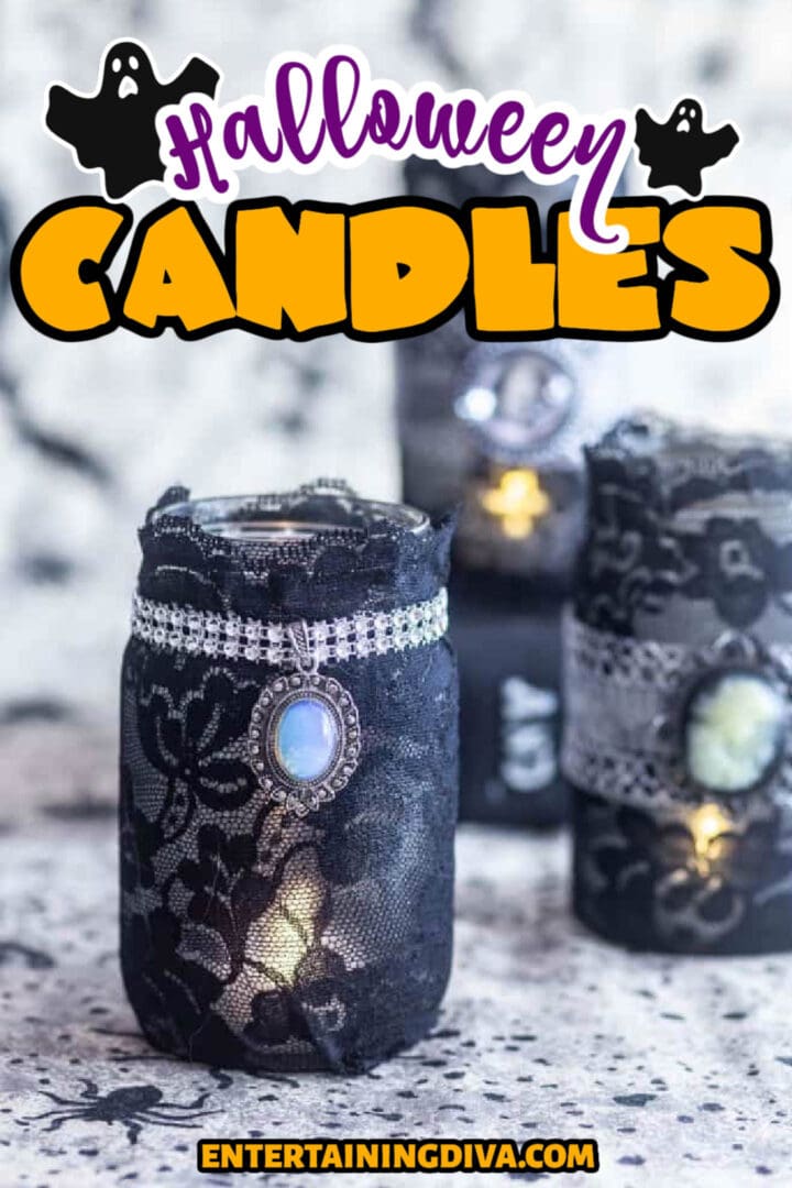 A set of DIY Halloween mason jar candle holders with a gothic twist.