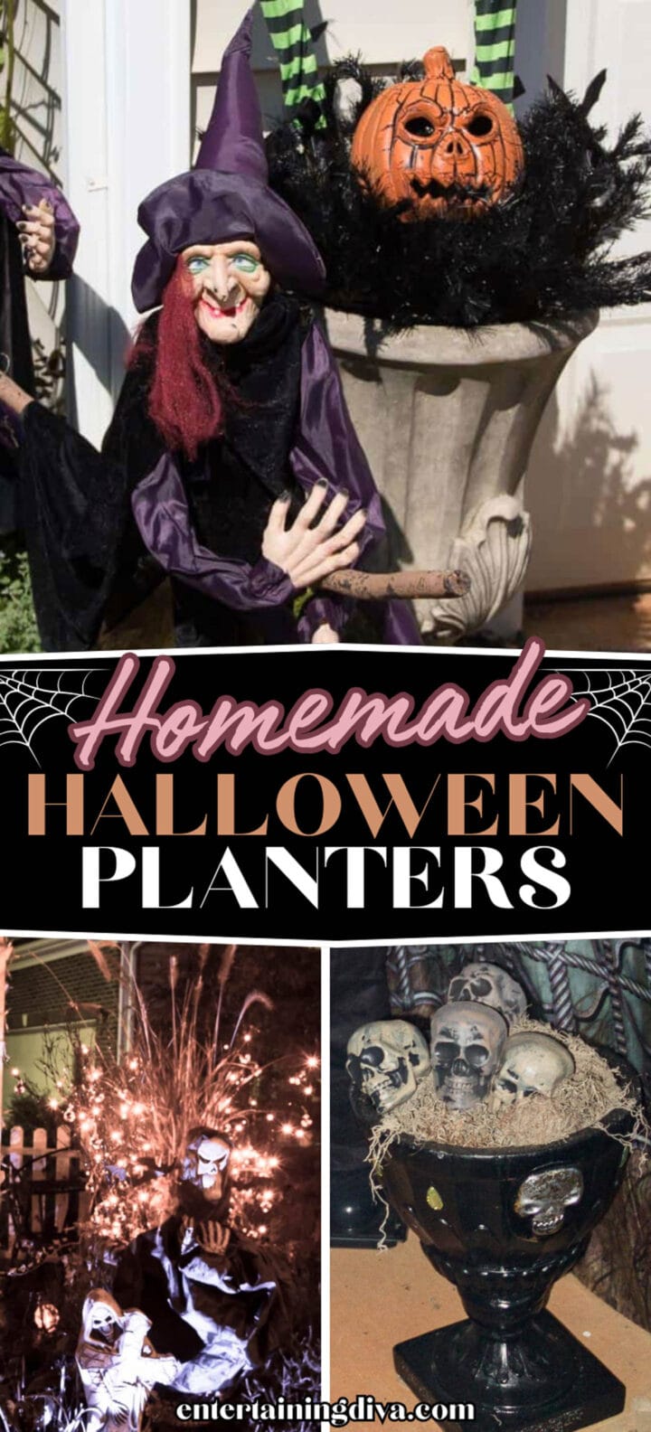 Halloween planters adorned with witches and skeletons.