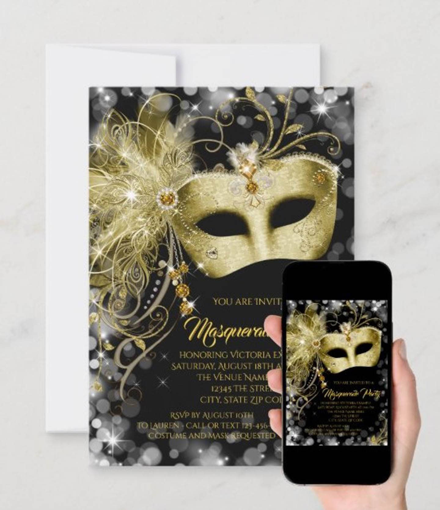 A Phantom of the Opera-inspired black and gold masquerade party invitation.