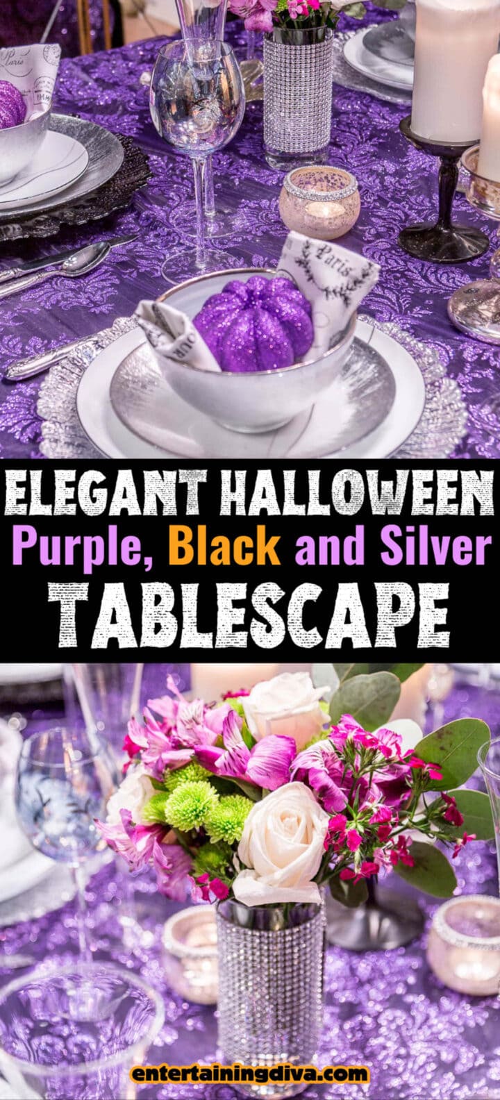 Elegant purple and silver Halloween tablescape.