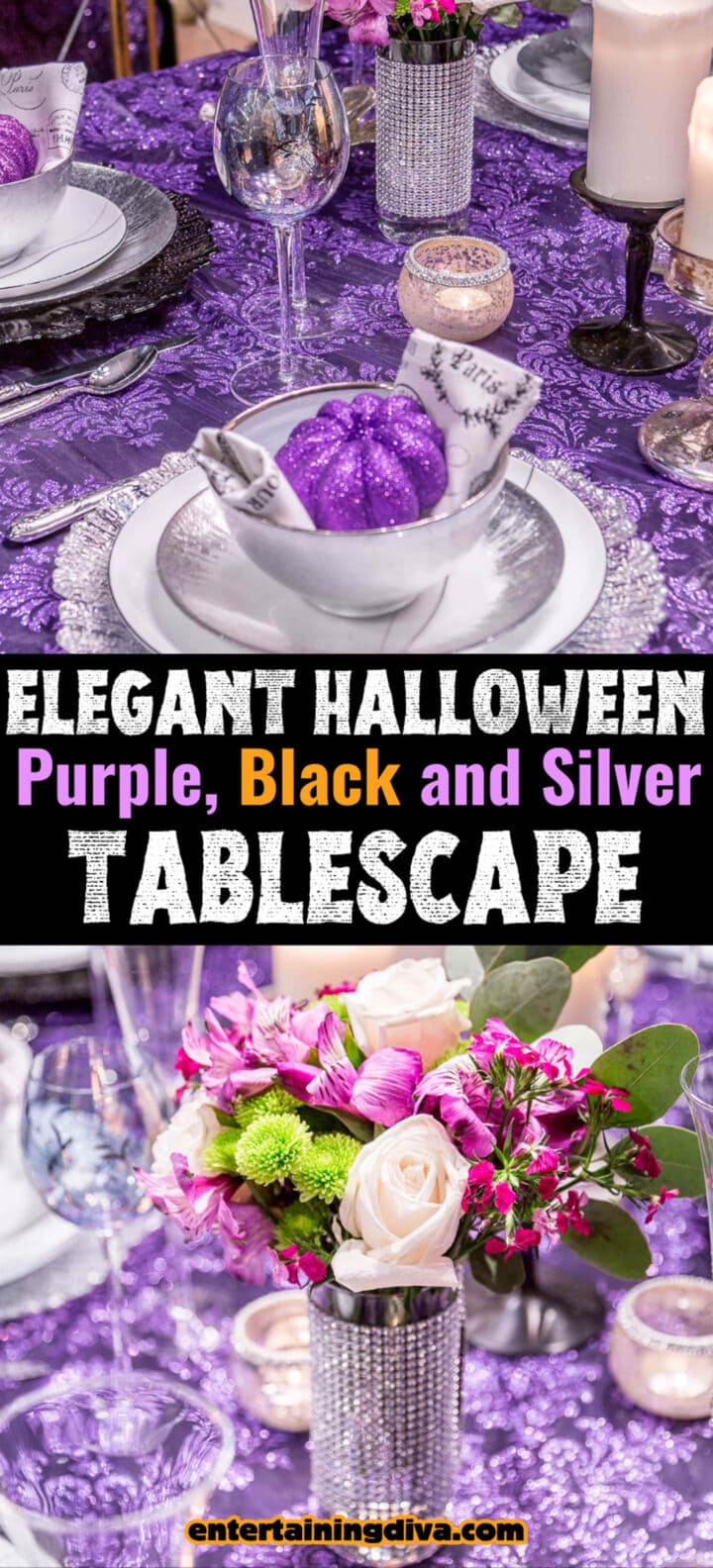 elegant Halloween purple, black and silver tablescape