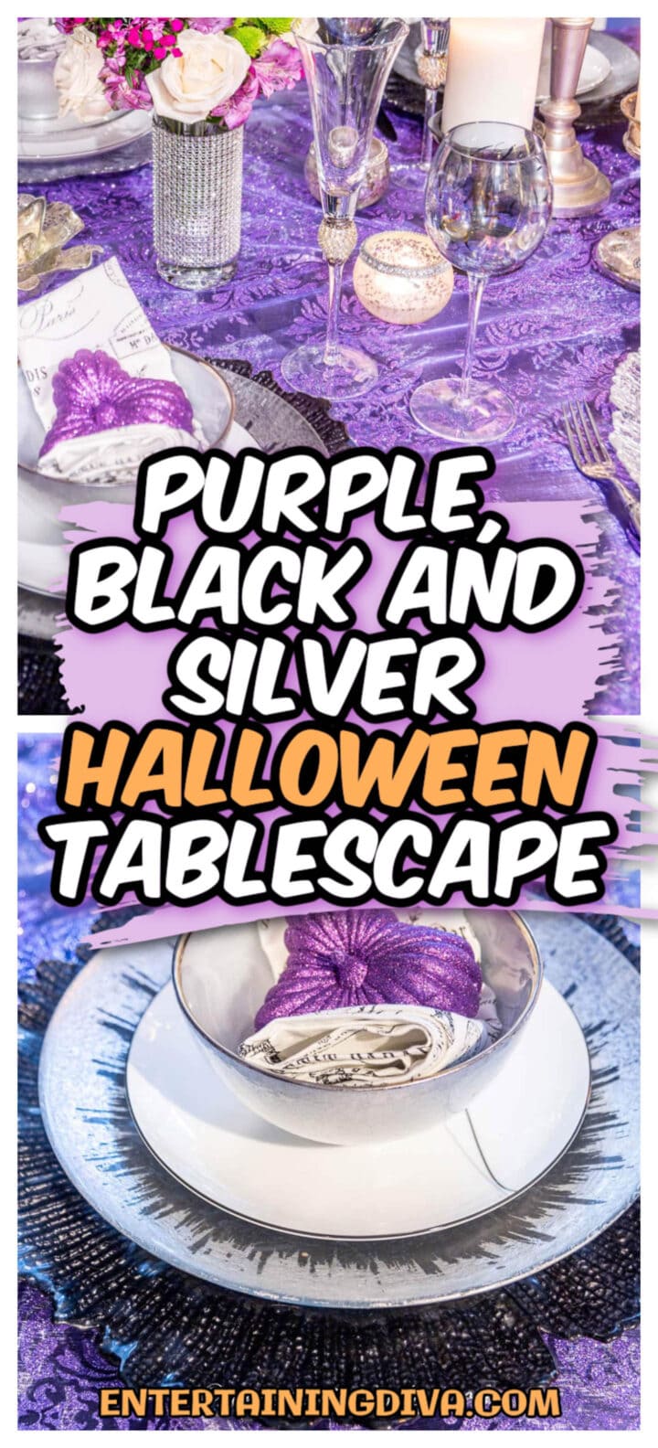 Purple and silver Halloween tablescape.