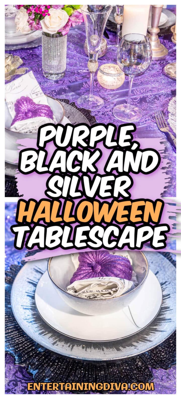 purple, black and silver Halloween tablescape