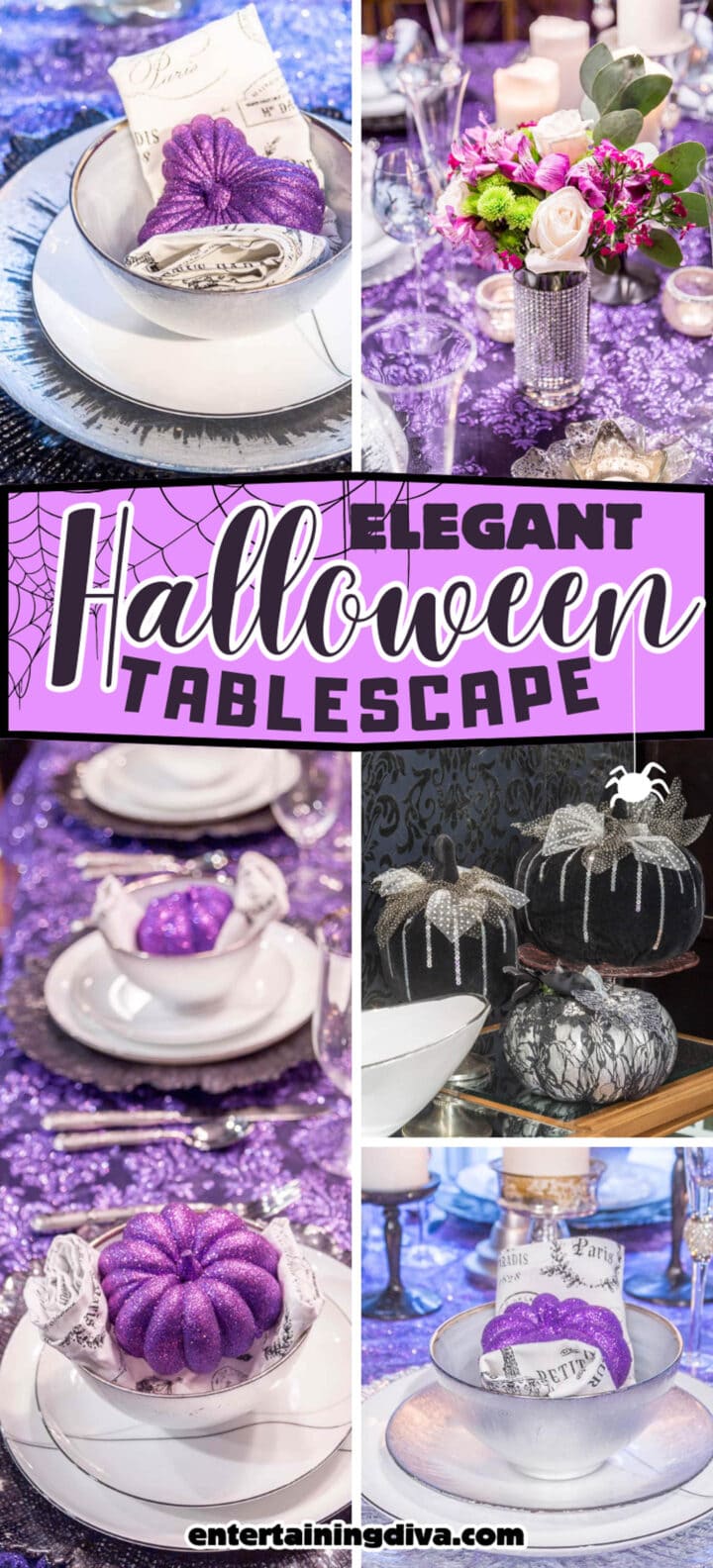 Elegant purple and black halloween tablescape.