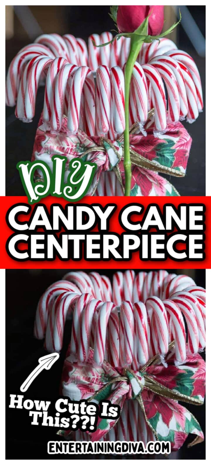 DIY red and white Christmas candy cane centerpiece tutorial.