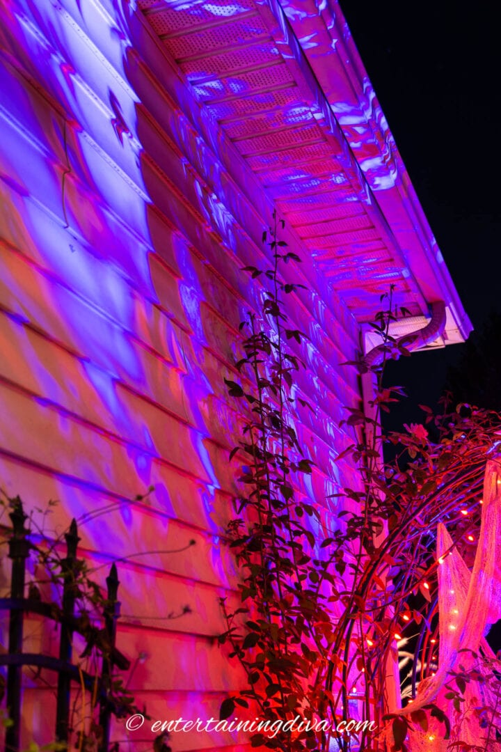 Fire and ice Halloween outdoor light projected through plants