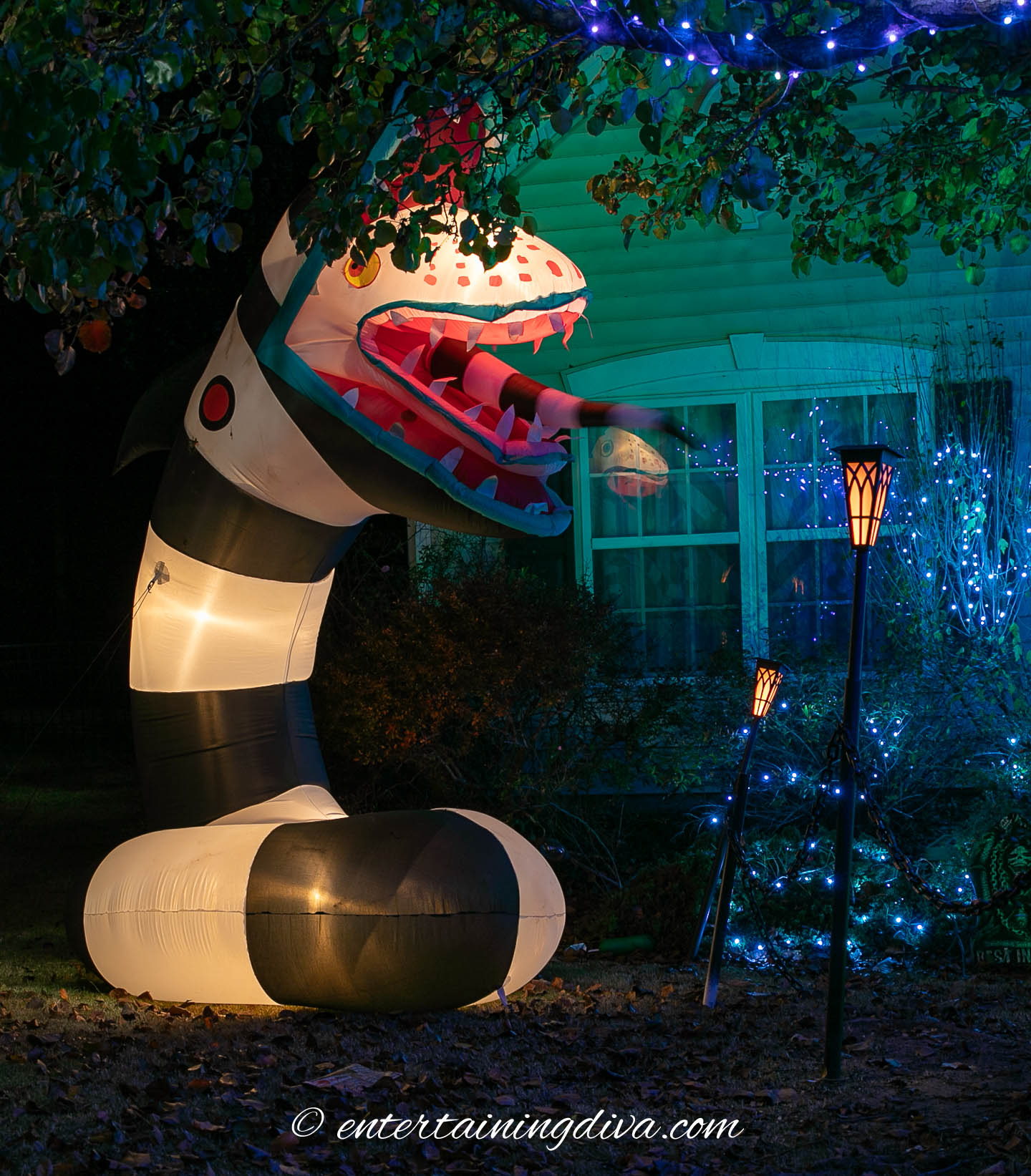 A lighted black and white striped inflatable sandworm perfect for Halloween outdoor decorating.