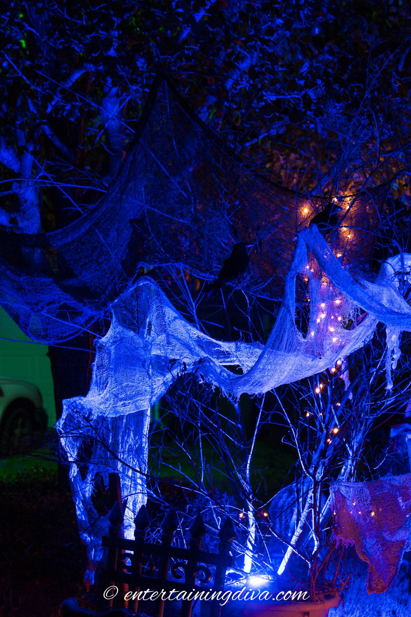 A tree is lit up with blue lights for Halloween outdoor lighting.