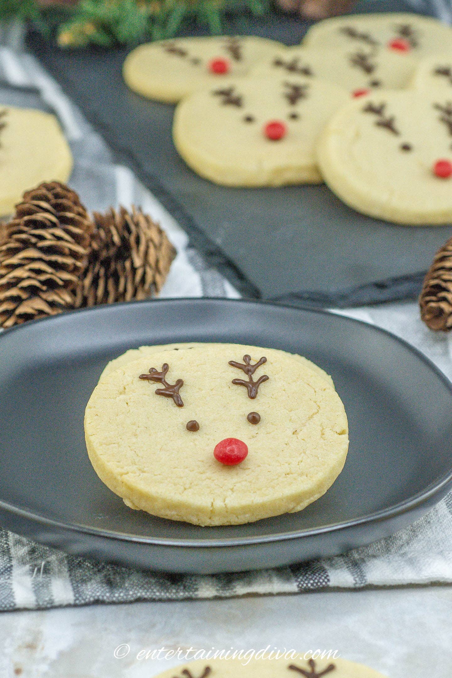 Reindeer sugar cookies on a plate.