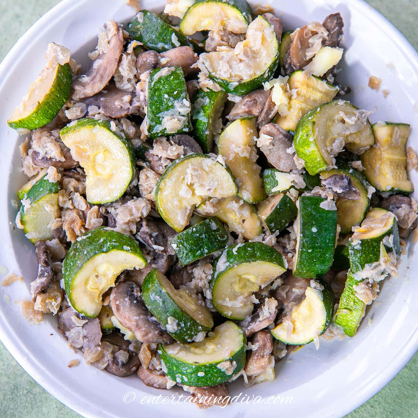 overhead of zucchini mushroom stir fry in a bowl