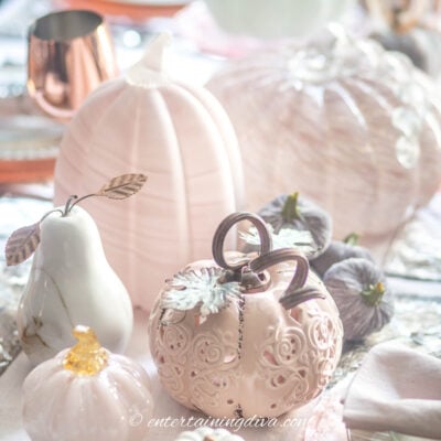 Blush pink pumpkins on a fall tablescape