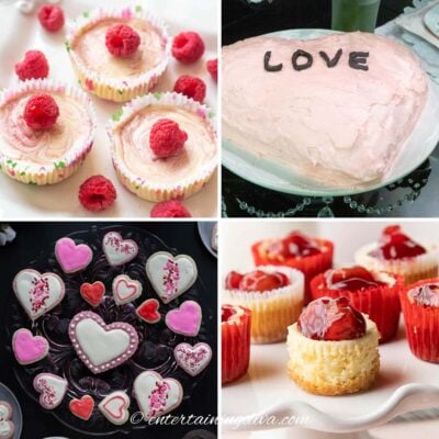 valentine dessert ideas - raspberry cheesecake cupcakes, heart shaped cake, heart sugar cookies, mini cherry cheesecakes