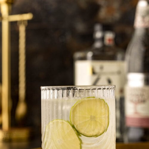 gin rickey with two lime wheels on a tray