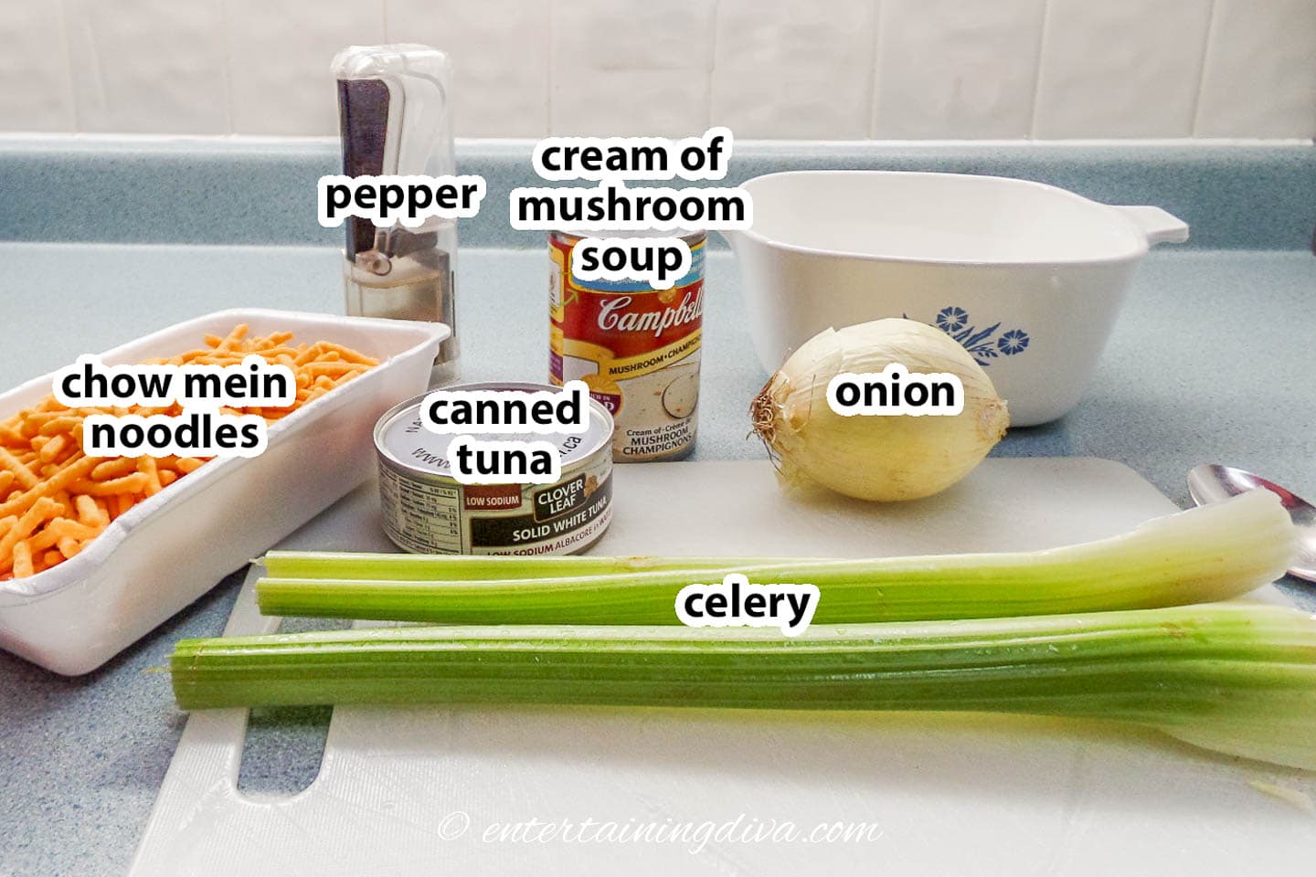 tuna casserole ingredients - chow mein noodles, canned tuna, cream of mushroom soup, onion, celery, salt and pepper