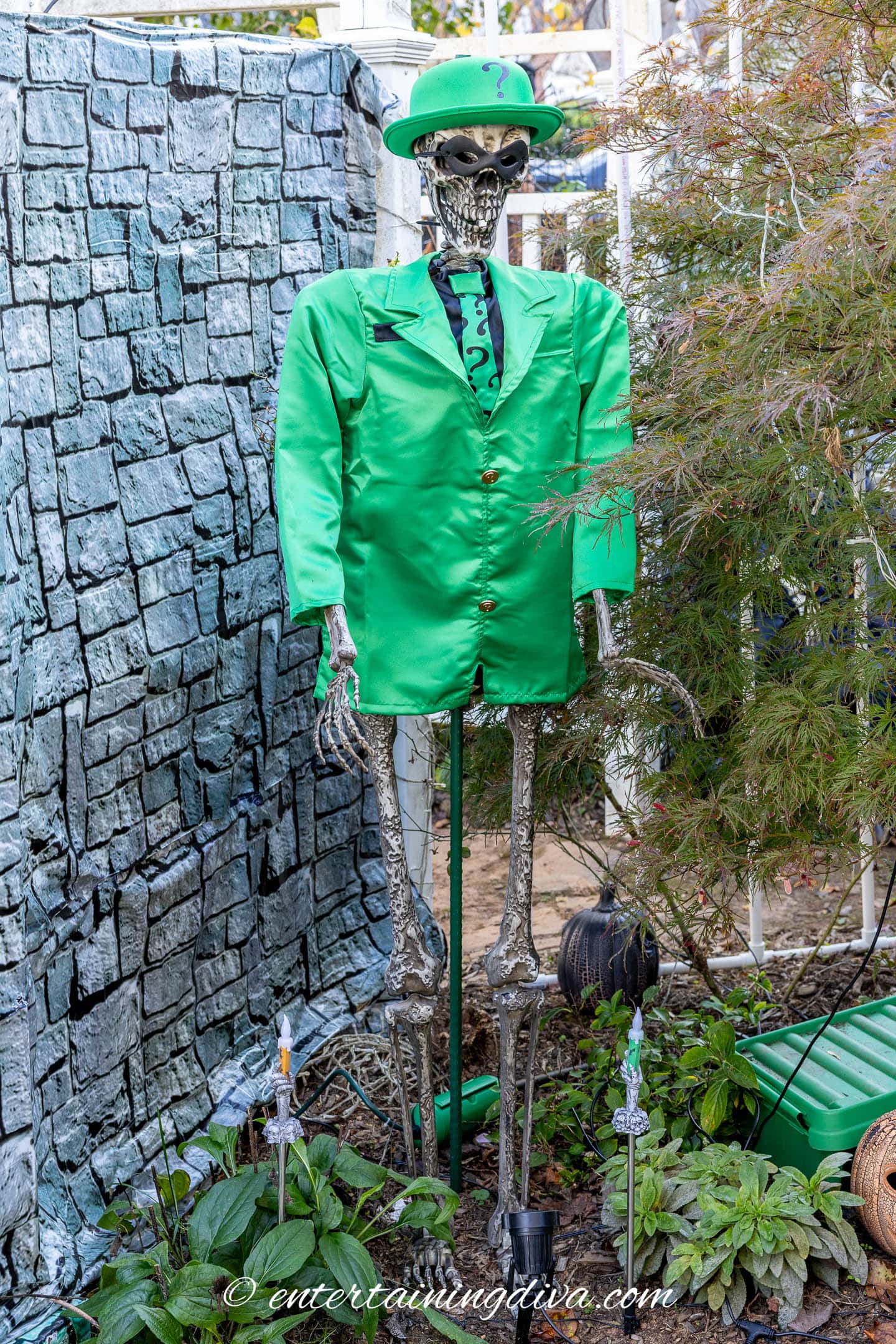 A skeleton dressed up like the Riddler