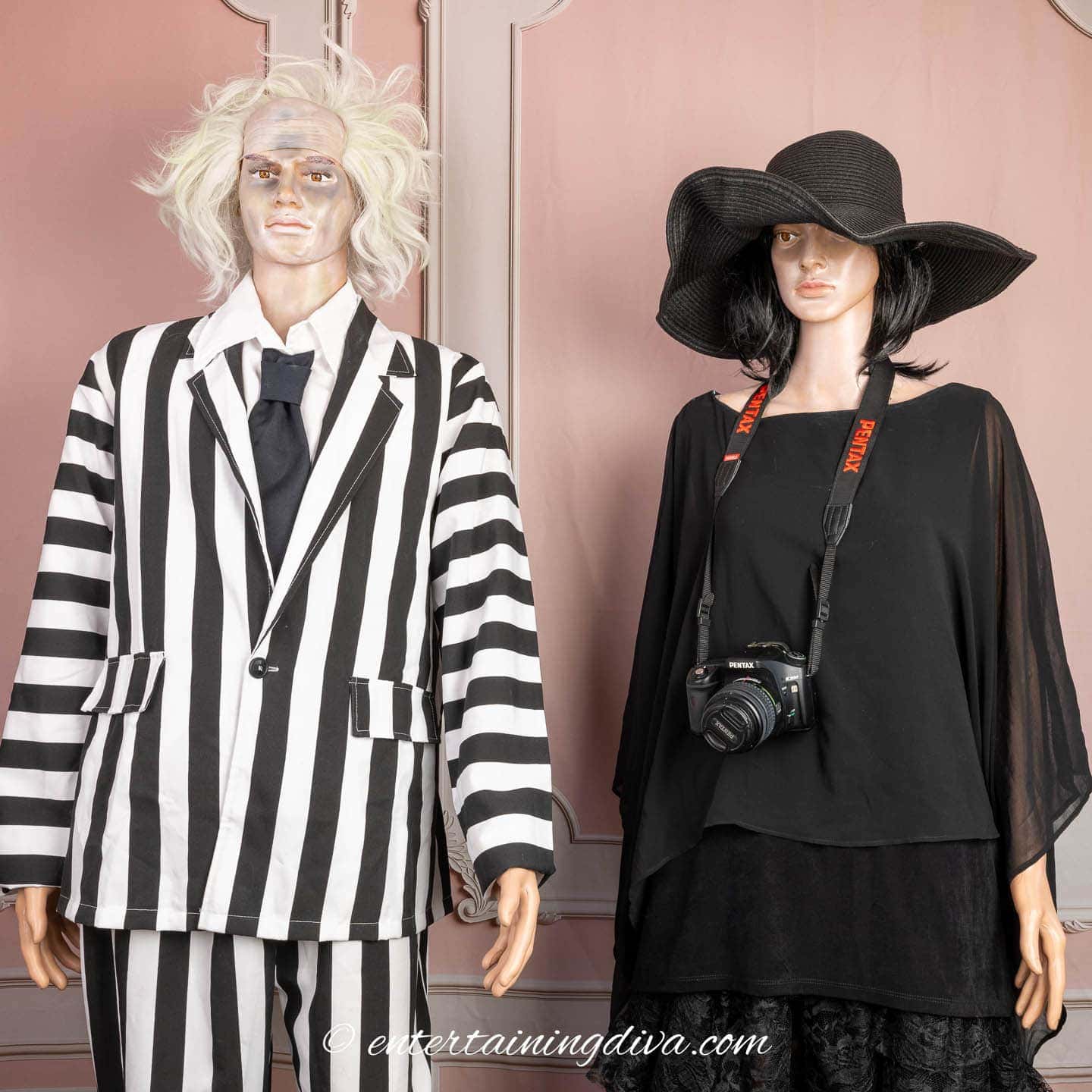 Mannequins dressed in Beetlejuice and Lydia Deetz costumes