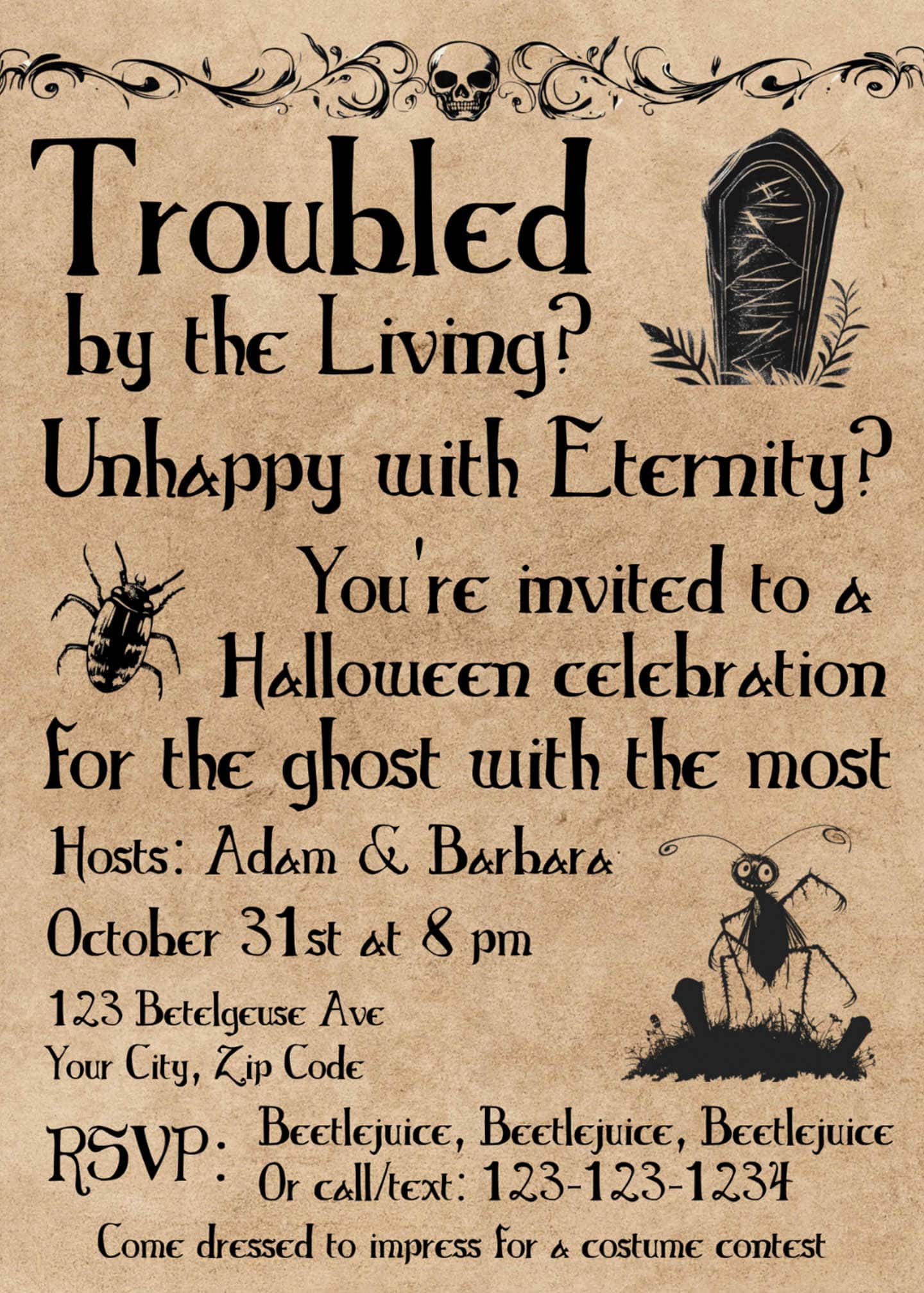 Troubled by the living? Beetlejuice party invitation