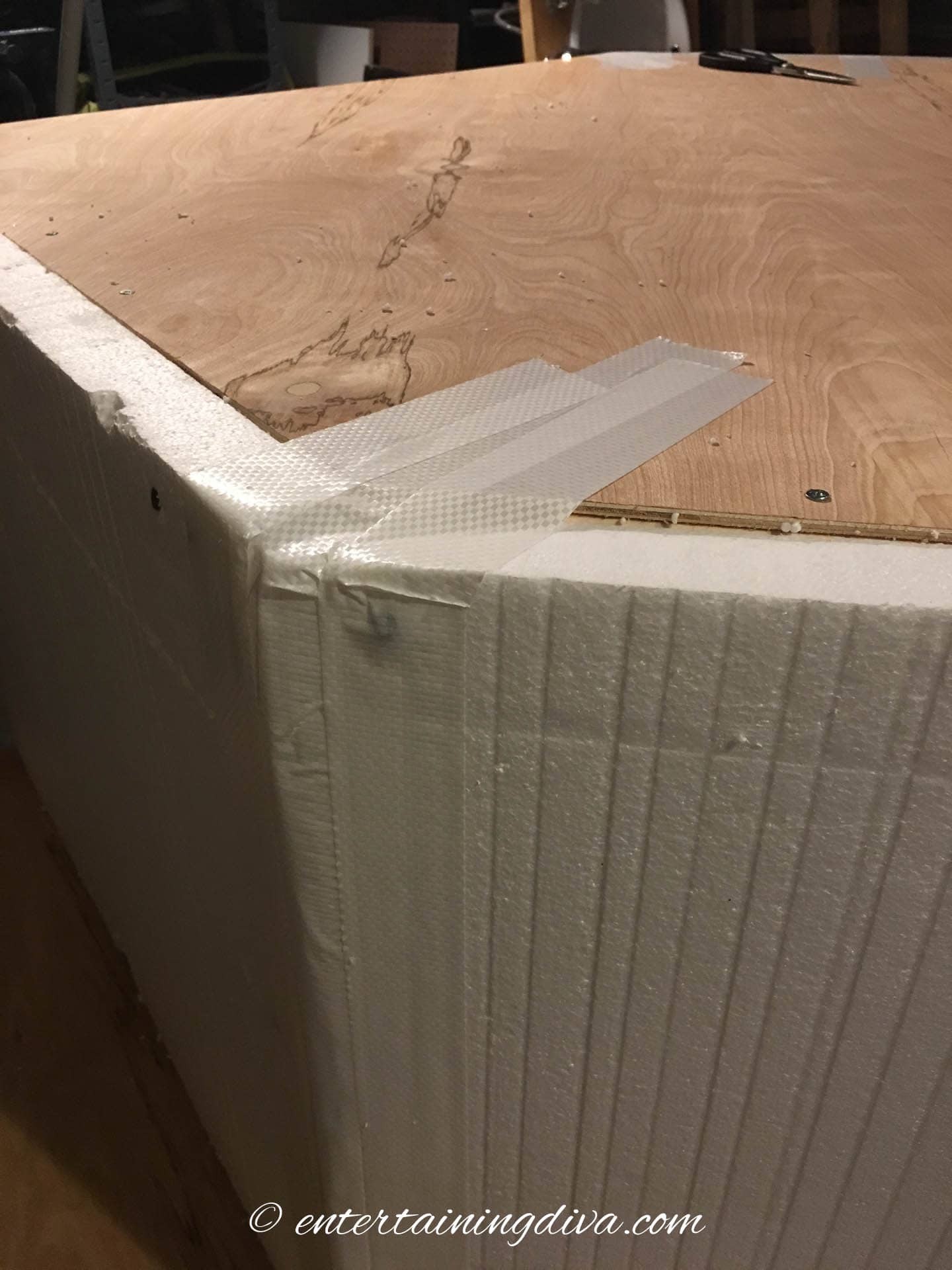 Close up of the taped styrofoam edges