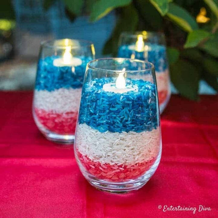 red, white and blue candle holders