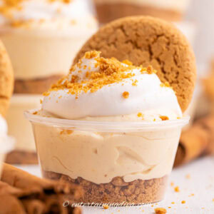 Gingerbread Christmas pudding shots garnished with whipped cream, cookie crumbs and a ginger snap cookie