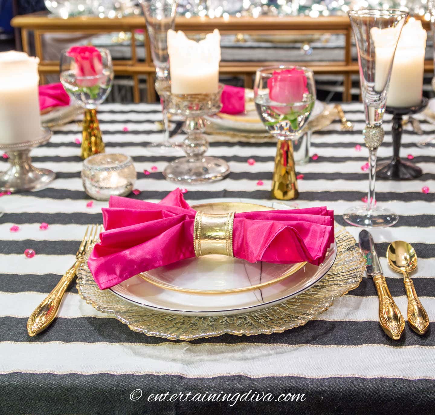 Valentine's Day table decor in fuchsia, gold, white and black