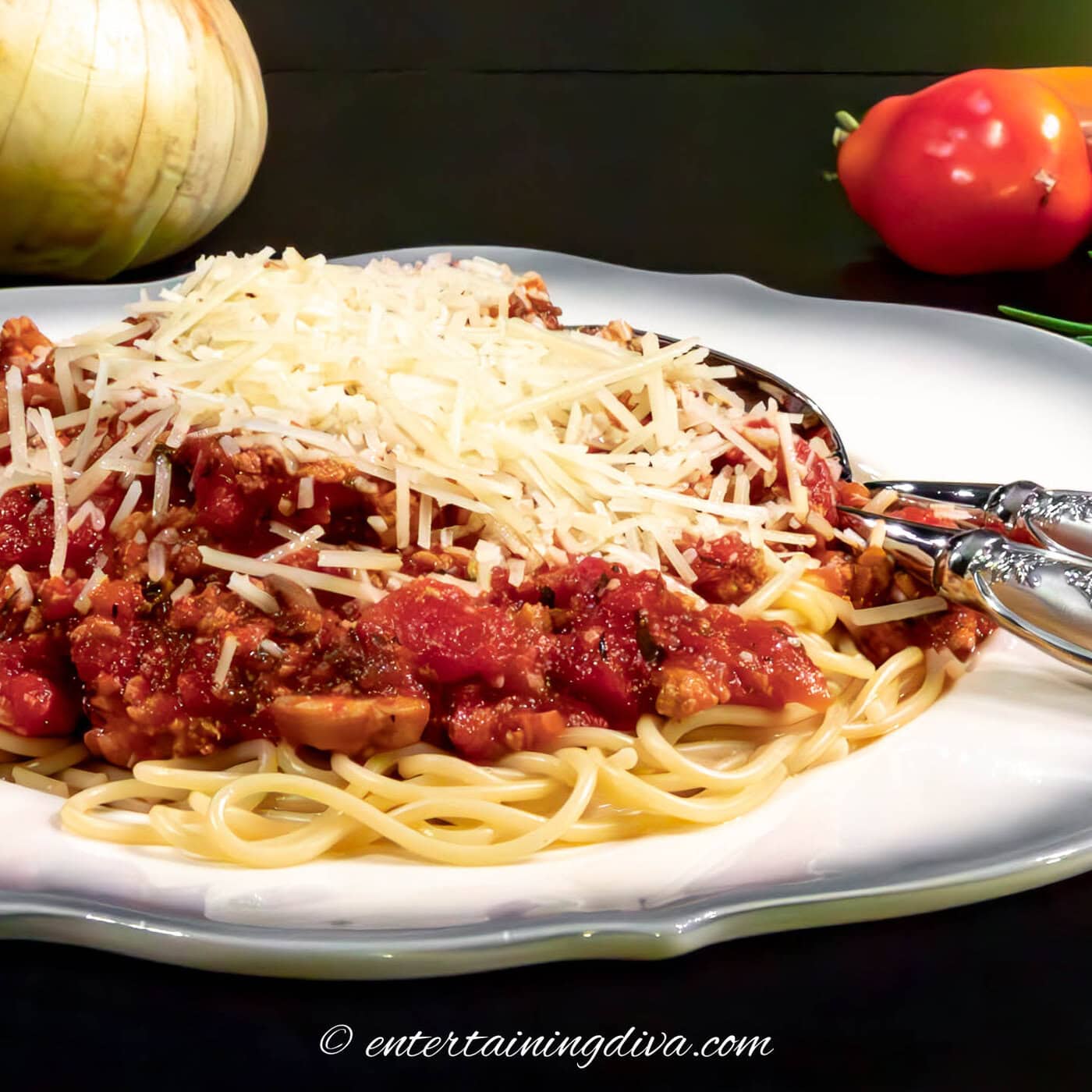 close up of spaghetti with homemade meat and tomato sauce