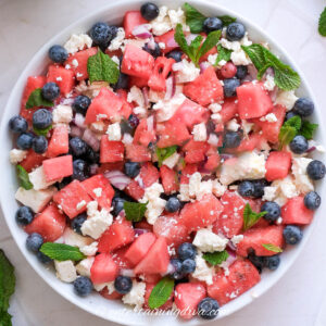 overhead of watermelon feta salad in a bowl