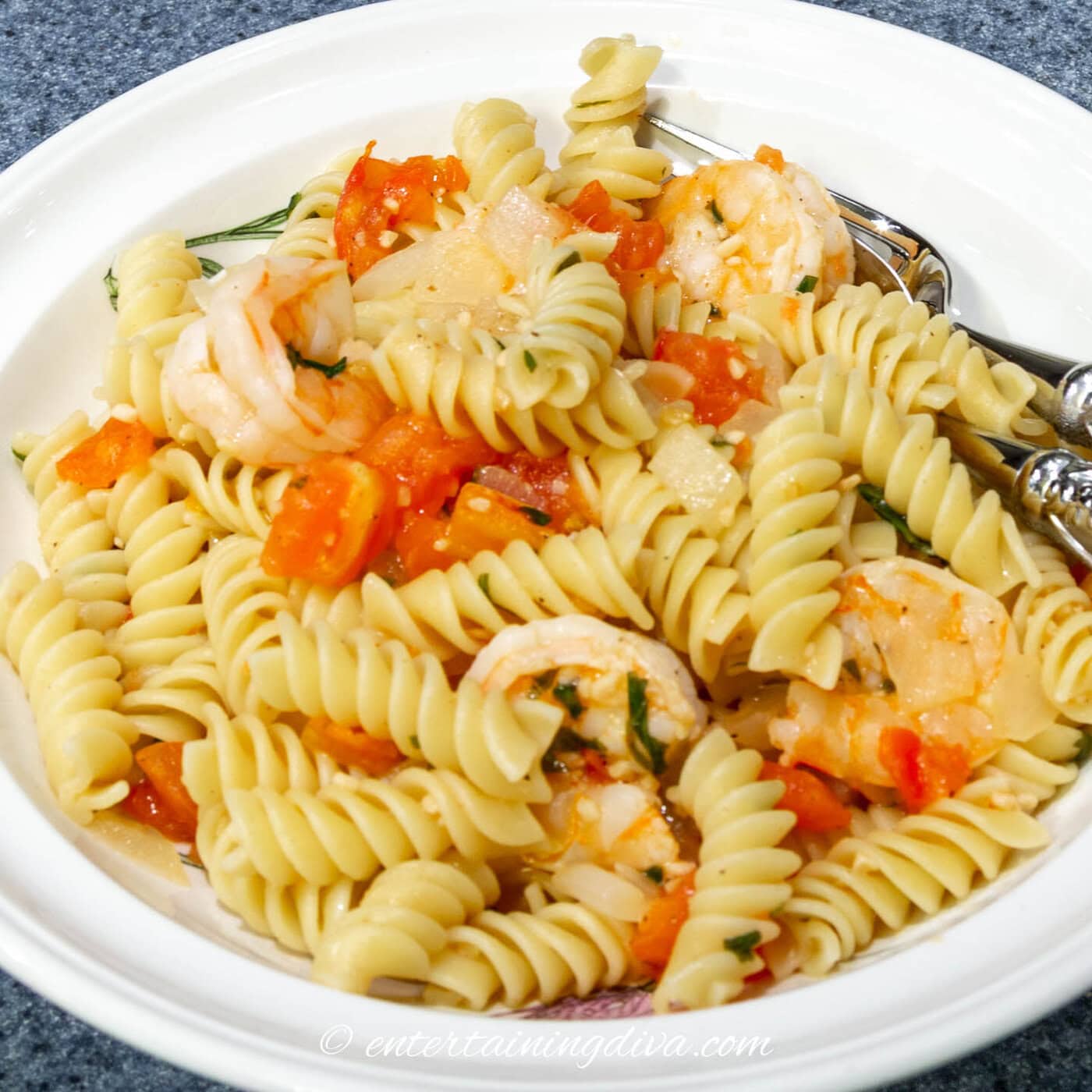 overhead of white wine lemon herb shrimp rotini