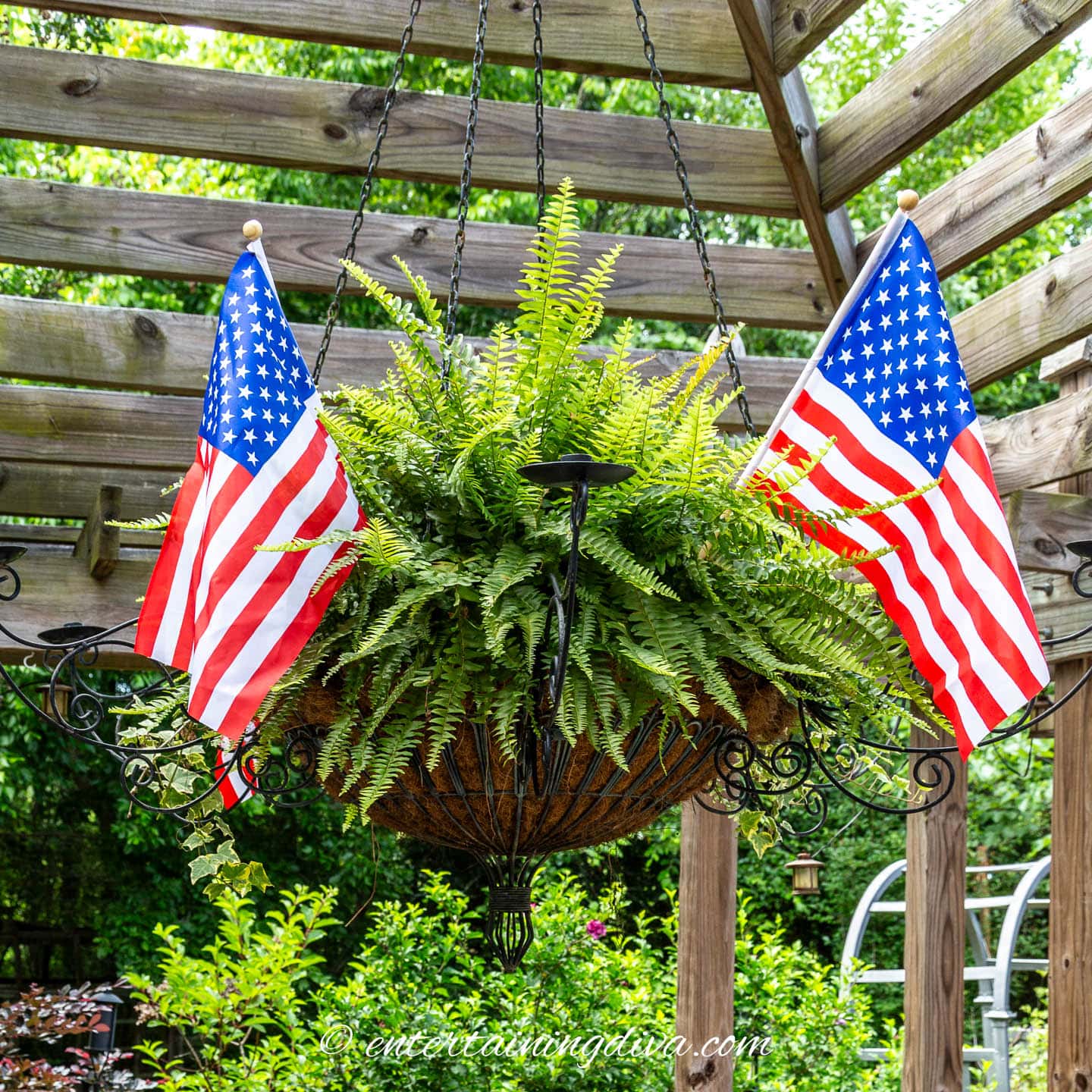 American flags in a hanging basket at a 4th of July party