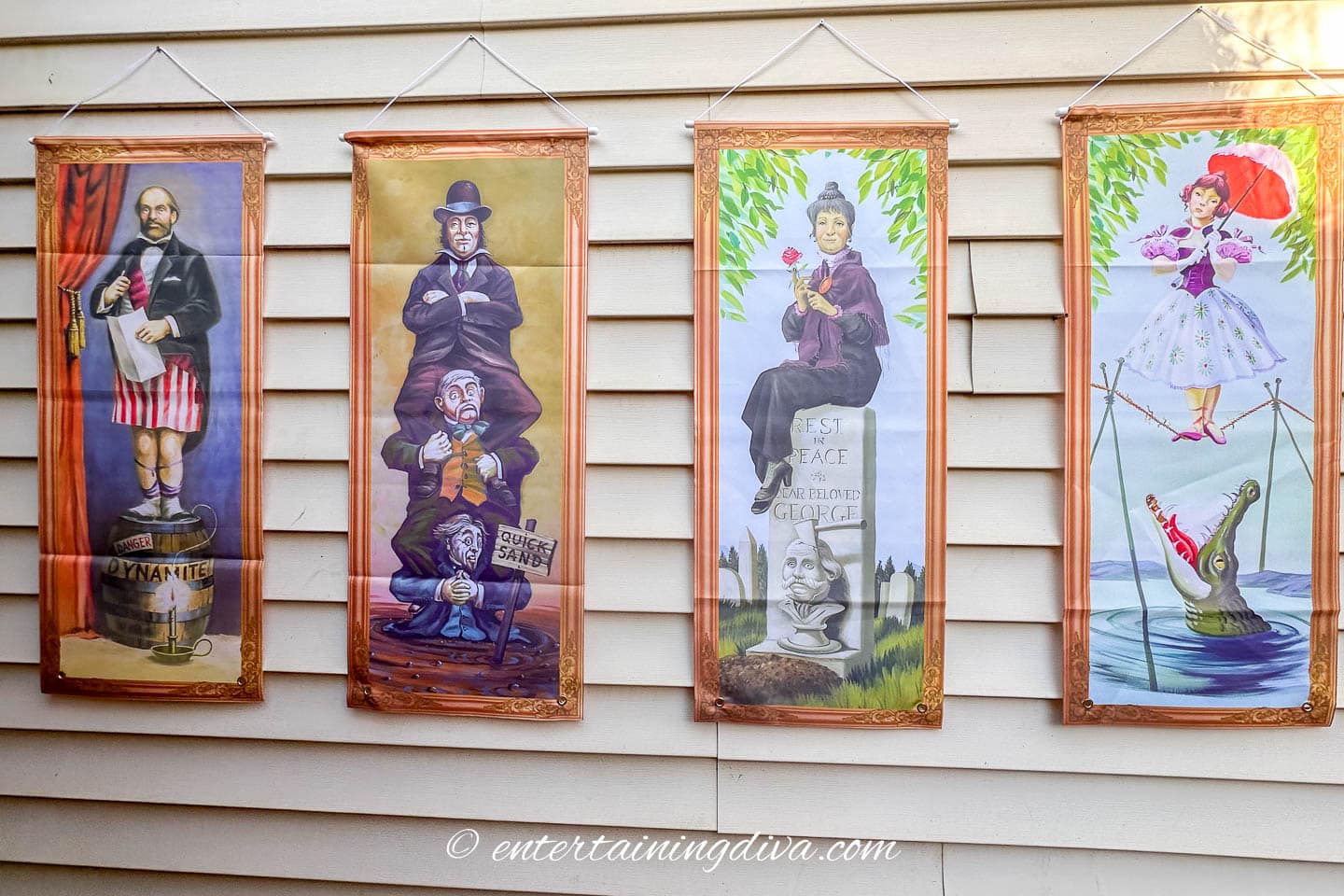 Four illustrated posters hang on a beige wall, each depicting a humorous or unusual scene with costumed characters in vintage attire.