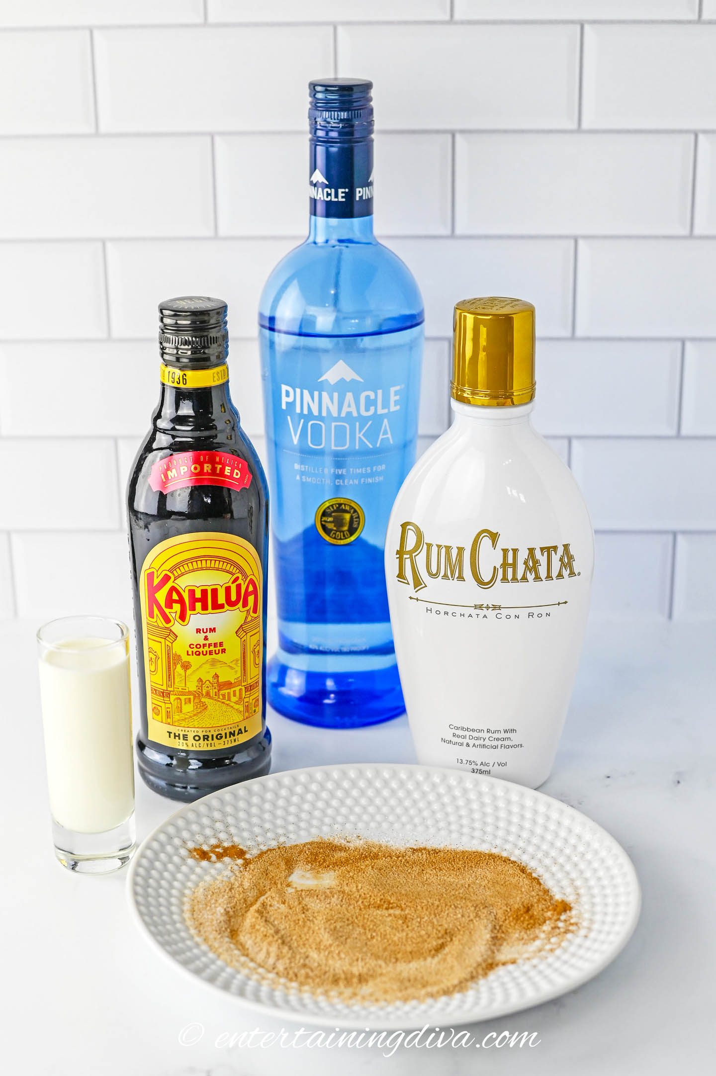 RumChata white russian ingredients - RumChata, vodka, Kahlua, heavy cream and cinnamon rimming sugar