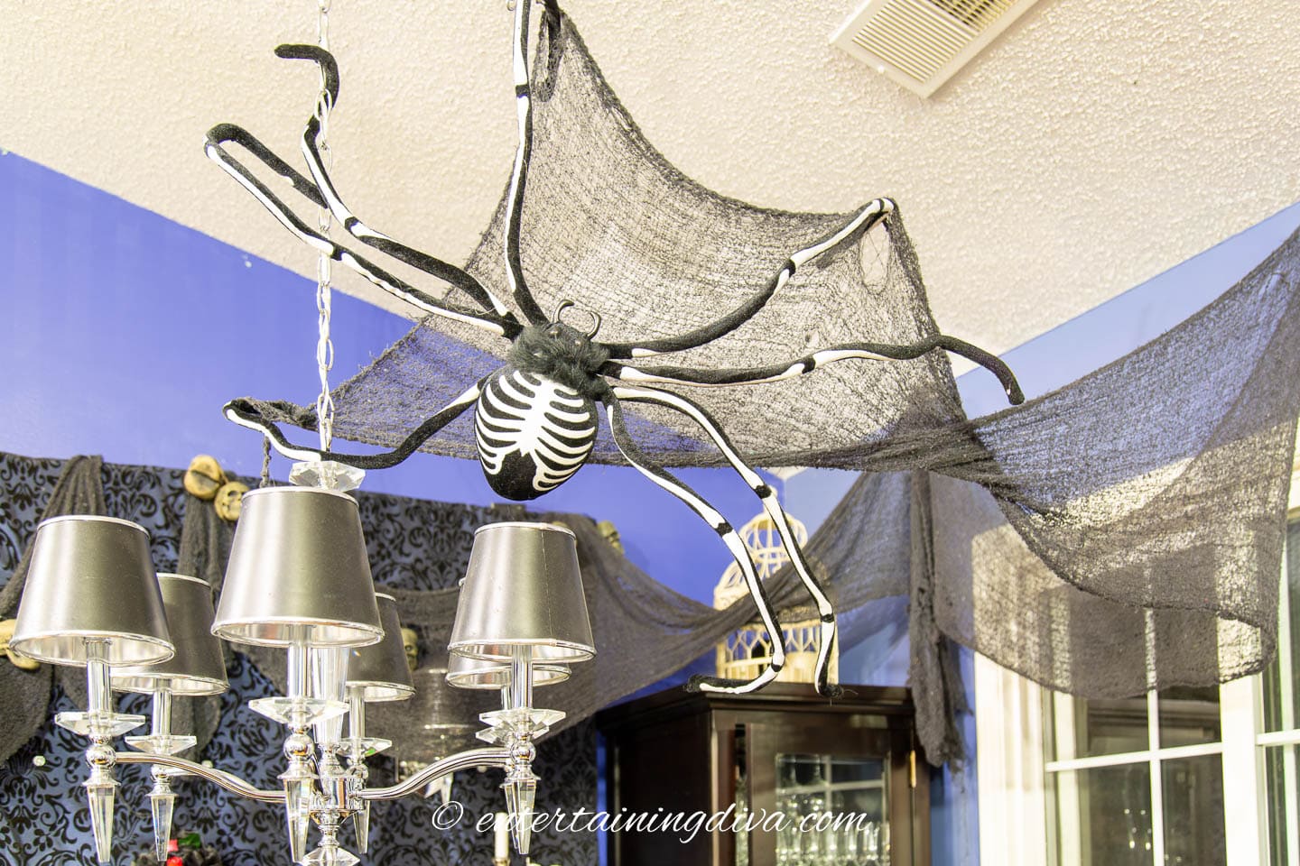 Black creepy cloth hung in a corner of the ceiling with a large spider attached