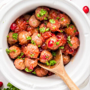 close up of slow cooker cranberry meatballs