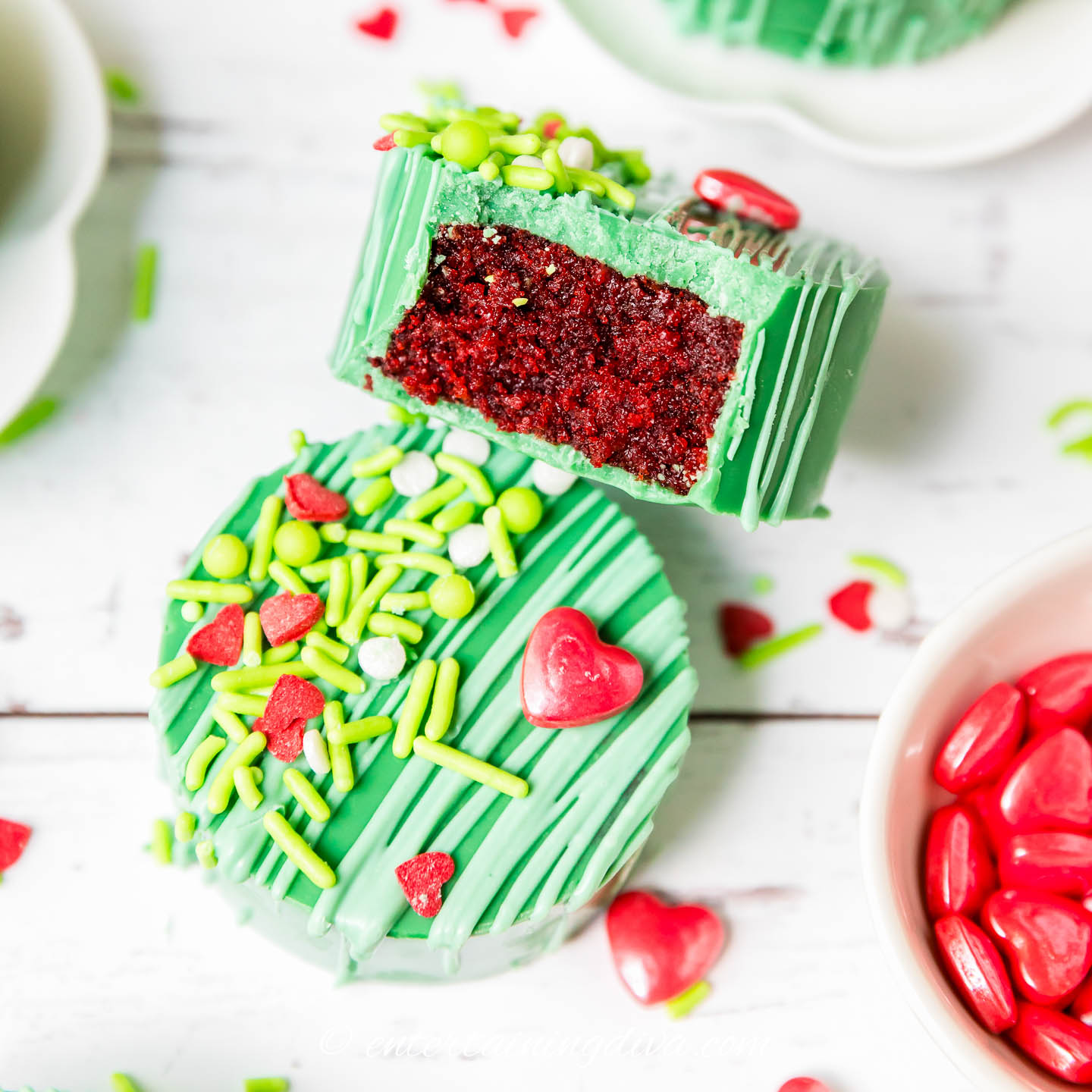 Green Grinch Cake Pucks With Red Velvet Cake