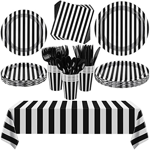 black and white striped disposable tableware set